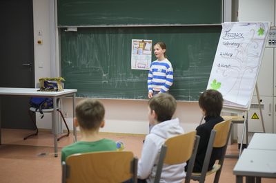 Ein Mädchen präsentiert vor mehreren Kindern in einer Klassenzimmersituation