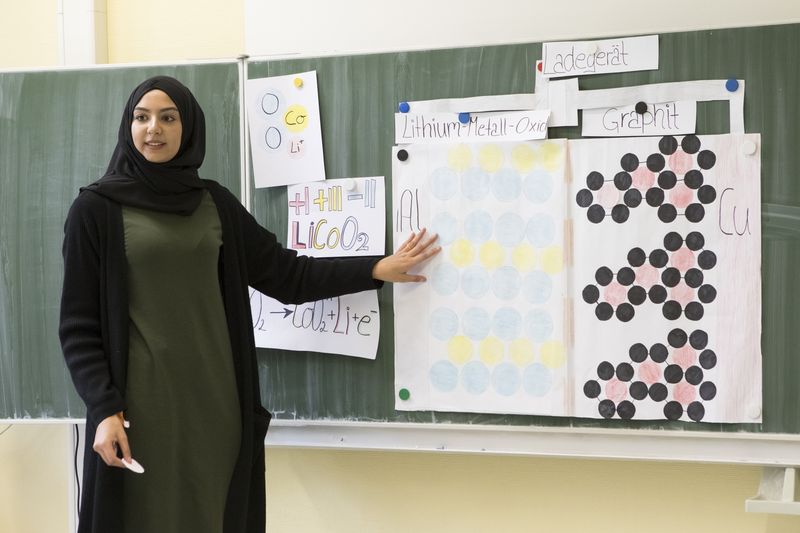 Eine Schülerin präsentiert. Sie steht dabei vor einer Tafel, auf die Poster mit Magneten befestigt sind. Die Schülerin zeigt auf ein Poster.