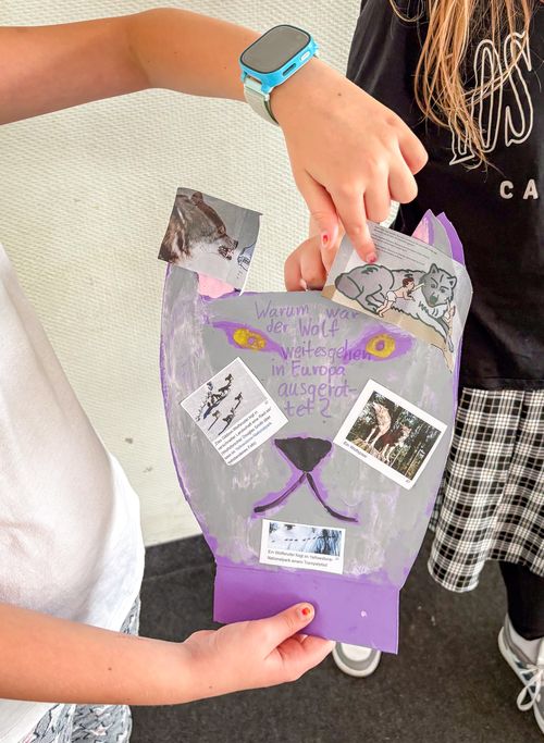 Detailaufnahme von einem Poster, auf dem Bilder und Texte zum Lieblingstier Wolf zu sehen sind.