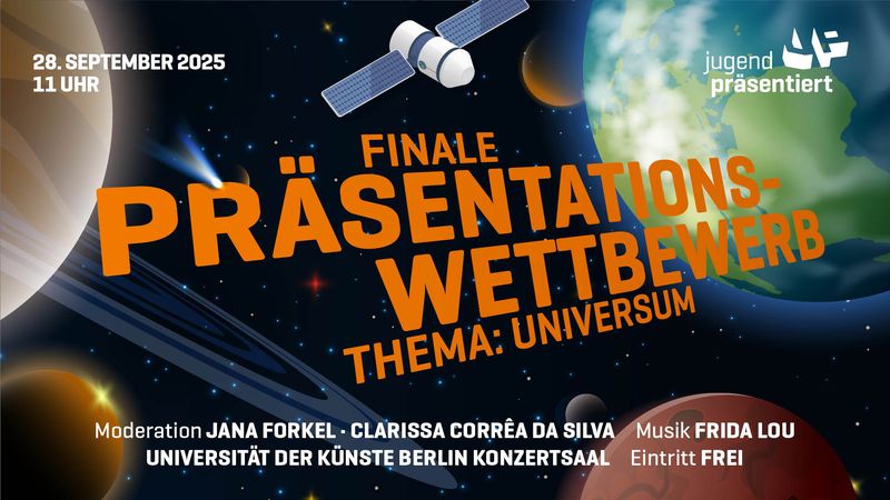 Das Universum wird mit Symbolbildern von Planeten und der ISS abgebildet.